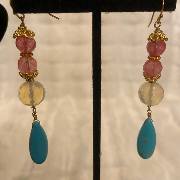 Elegant Pink and  turquoise Dangle Earrings - Picture 1 of 1